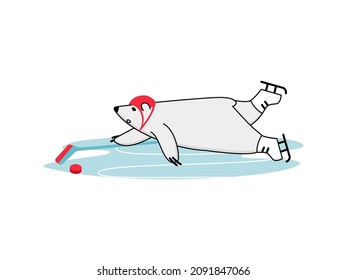 Funny polar bear skating with hockey stick and puck . Cartoon character in helmet lying on his stomach on ice throws the puck