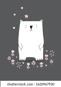 Divertido oso polar de pie con las manos en los bolsillos entre las flores. Arte precioso del vivero con el oso de peluche aislado en un fondo gris oscuro. Ilustración encantadora para la tarjeta, cartel, arte de la pared de la invitación.