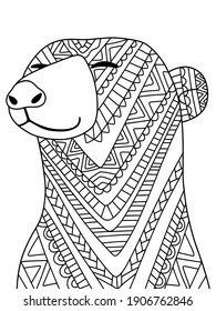 Funny polar bear stock vector illustration. Ornamental peaceful polar bear coloring page for children and adults. Wildlife arctic animal ornamental black and white illustration. One of a series