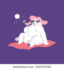 Funny polar bear in wide-brimmed hat and sunglasses sitting with cocktail flat style, vector illustration isolated on purple background. Decorative design element for postcards, summer vibes, rest