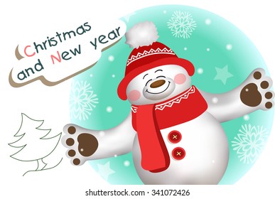 Funny polar bear in winter hat and scarf. Christmas card