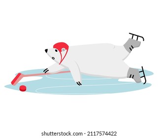 Funny polar bears skating with hockey stick and puck. Cartoon goalkeeper protects the hockey goal from attack. Vector cartoon clipart.