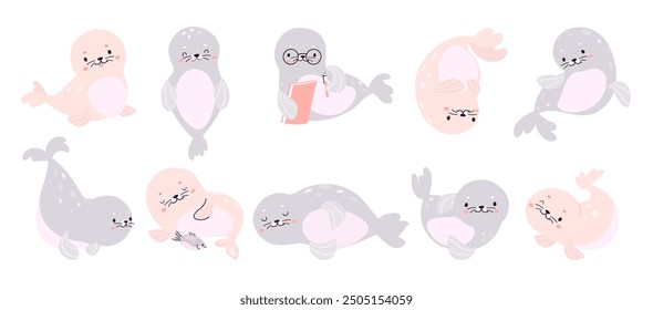 Funny polar seal. Baby arctic animal eat read play. Children mascots, underwater mammals funny characters. Sea ocean animals nowaday vector clipart