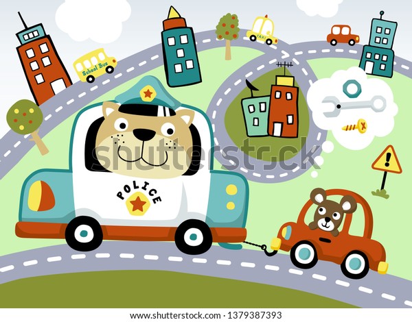 Funny Police Car Cartoon Towing Little Stock Vector (Royalty Free ...