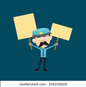Funny Policeman Cop - Holding Placards in Both Hands
