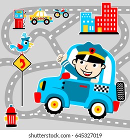 Funny policeman on car, little bird perching on road sign, city traffic elements, vector cartoon illustration