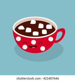 Funny polka dot cup of cocoa with marshmallow. Vector illustration.