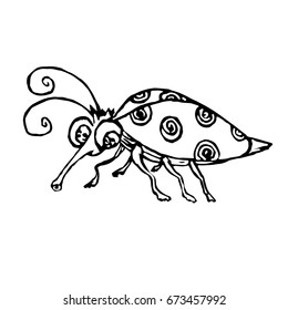 Funny polka dotted ladybug, hand drawn doodle black and white sketch in pop art style, vector illustration