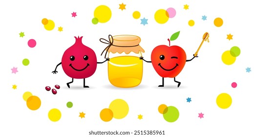 Engraçado romã, emoji maçã e mel, Shana Tovah ícones criativos. Comemore o Rosh Hashanah 2024 com alegria e calor! Ilustração de vetor Shana Tova para banners ou design de cartões de saudação