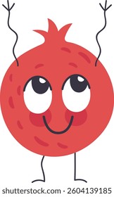 Funny pomegranate cartoon character raising hands with joy, smiling and standing on its feet, isolated vector illustration on white background
