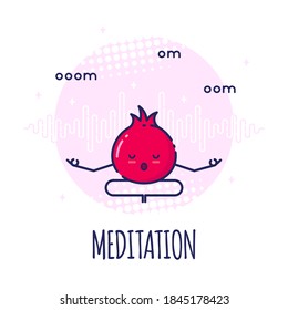 Funny Pomegranate Character Meditating in Lotos Pose Padmasana. Yoga Classes. White Background