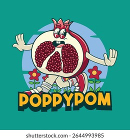Funny Pomegranate fruit 70s retro comic cartoon character illustration