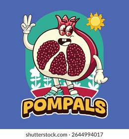 Funny Pomegranate fruit 70s retro comic cartoon character illustration