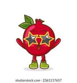 Funny pomegranate fruit character in star-shaped glasses having fun at party, cartoon vector illustration isolated on white background. Cartoon pomegranate fruit character, party mascot