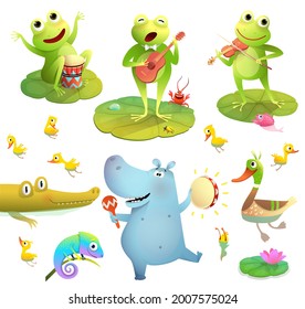 Funny pond or swamp animals clipart collection isolated on white. Frogs playing music, duck with chicks and dancing hippo play tambourine. Funny cartoons set for kids.