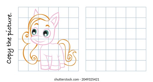 Funny pony. Copy picture and color. Educational game for children. Cartoon vector illustration.