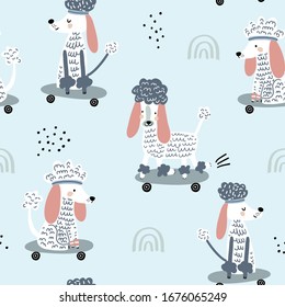 Funny poodles on skateboards seamless pattern . Trendy kids vector background. Perfect for kids apparel, fabric, textile