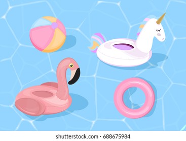 Funny pool floats with flamingo and unicorn. Vector illustration. Pool toys on blue sea background. Swim ring.