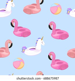 Funny pool floats with flamingo and unicorn. Seamless pattern. Vector illustration. Fabric print. 