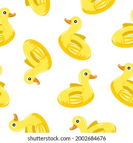Funny pool floats with inflatable yellow duck. Pool toys. Fashion pattern.Concept of leisure and travel. Design element for wrapping, card, t-shirt print, invitation, accessories