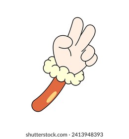 Funny pop art icon of hand with V sign. Vector image for happy new year or merry Xmas greeting card. Clipart or badge for victory or peace in retro 80s style. Winter or wintertime holidays or festive