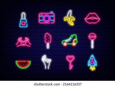 Funny pop art neon icons collection. Banana and watermelon. Lollipop and hands. Summer signboard. Cute symbols for bar, cafe and shop. Editable stroke. Vector stock illustration