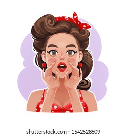 Funny Pop Art Vector Portrait of an Excited Retro Pin Up Beauty Whispering a Secret.