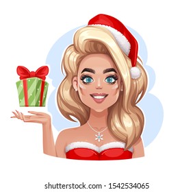 Funny Pop Art Vector Portrait of a Smiling Retro Pin Up Beauty with a Christmas Gift Box Wearing a Santa Claus Hat.