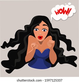Funny pop art. Vector portrait of shocked brunette girl with speech bubble. Contains the word Wow! Vintage cartoon poster. Flat vector illustration
