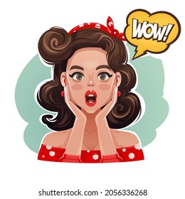 Funny Pop Art Vector Portrait of a Shocked Retro Pin Up Girl with a Speech Bubble Contained the Word Wow!