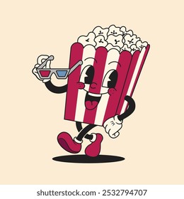 Funny Pop Corn holding cinema glasses 80's groovy vector Illustration with isolated background. Retro vintage old Cartoon Style