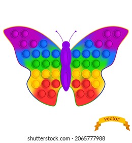 Funny Pop it a sensory toy for fidgets. Vector hand-drawn cartoon illustration of the logo icon. Pop it, Simple Dimple. Rainbow anti-stress butterfly toy.