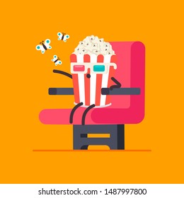 Funny popcorn in 3d glasses in cinema chair vector cartoon character isolated on background.