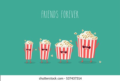 Funny popcorn in the box. Vector cartoon. Movies, cinema. Vector cartoon. fast food. Friends forever. Use for card, poster, banner, web design and print on t-shirt. Easy to edit. Vector illustration.