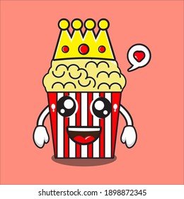 funny popcorn king mascot, cute popcorn character with vector design eps 10