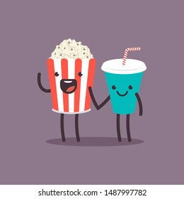 Funny popcorn and soda characters. Best friend vector cartoon concept illustration.