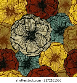 Funny poppy floral summer vector seamless pattern. Hand drawn line texture blossom petals. Field poppy flower wrapper print design. Awesome garden flower ornament. Flat graphic illustration.