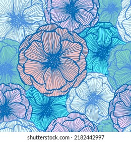 Funny poppy floral summer vector seamless pattern. Doodle line texture blossom petals. Field poppy flower fabric print design. Bouquet flower unusual ornament. Flat graphic illustration.