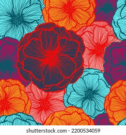 Funny poppy floral summer vector seamless pattern. Hand drawn line texture blossom petals. Field poppy flower fabric print design. Beautiful garden flower ornament. Spring card background.