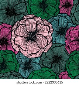 Funny poppy floral summer vector seamless pattern. Doodle line texture blossom petals. Field poppy flower fabric print design. Stylish garden flower ornament. Nature shape repeat backdrop.