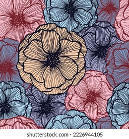Funny poppy floral summer vector seamless pattern. Marker line texture blossom petals. Field poppy flower wrapper print design. Beautiful garden flower ornament. Color fashion tissue print.
