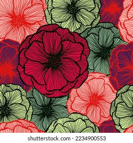 Funny poppy floral summer vector seamless pattern. Doodle line texture blossom petals. Field poppy flower wrapper print design. Stylish garden flower ornament. Scrapbook sample design.