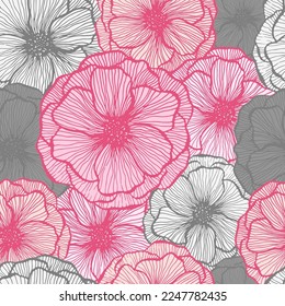 Funny poppy floral summer vector seamless pattern. Doodle line texture blossom petals. Field poppy flower wrapper print design. Cool garden flower ornament. Color fashion tissue print.