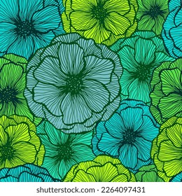 Funny poppy floral summer vector seamless pattern. Doodle line texture blossom petals. Field poppy flower wrapper print design. Elegant garden flower ornament. Scrapbook sample design.
