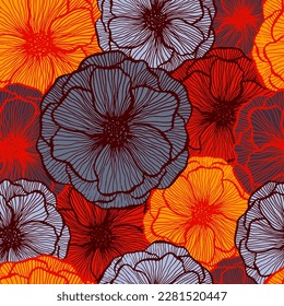 Funny poppy floral summer vector seamless pattern. Hand drawn line texture blossom petals. Field poppy flower wrapper print design. Bouquet flower colorful wallpaper. Nature shape repeat backdrop.