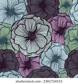 Funny poppy floral summer vector seamless pattern. Marker line texture blossom petals. Field poppy flower textile print design. Awesome garden flower ornament. Nature shape repeat backdrop.