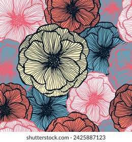 Divertido patrón floral de verano de amapola sin fisuras. Mano dibujada línea textura pétalos de flor. Diseño de impresión textil de la flor de amapola de campo. Hermoso adorno de flores de jardín. Fondo de la tarjeta de primavera.