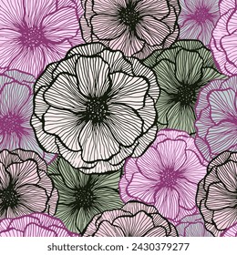 Funny poppy floral summer vector seamless pattern. Hand drawn line texture blossom petals. Field poppy flower textile print design. Beautiful garden flower ornament. Spring card background.