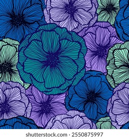 Patrón sin fisuras de Vector de verano floral de amapola divertido. Pétalos de flor de textura de línea dibujada a mano. Diseño de impresión textil de flores de amapola de campo. Impresionante ornamento de flores de jardín. Impresión del tejido de la moda del color.