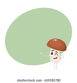 Funny porcini mushroom character with human face showing thumb up and winking, cartoon vector illustration with space for text. Smiling, winking porcini mushroom character giving thumb up